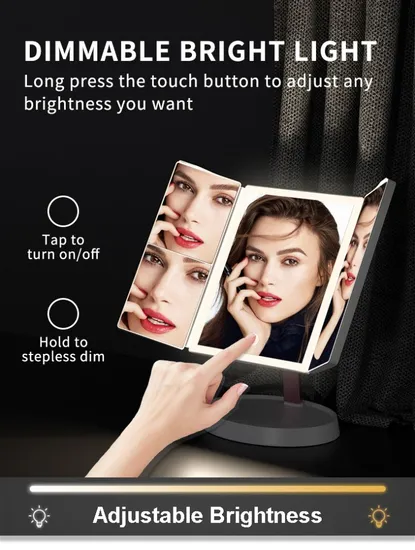 Trifold Portable Cosmetic Vanity Tabletop LED Lighted Foldable Makeup Mirror 
