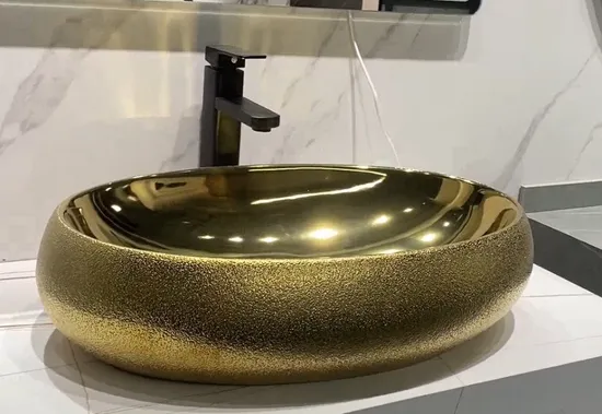 High Quality Art Oval Sink Matte Wastafel Ceramic Handwash Golden Color Wash Basin Electroplated 